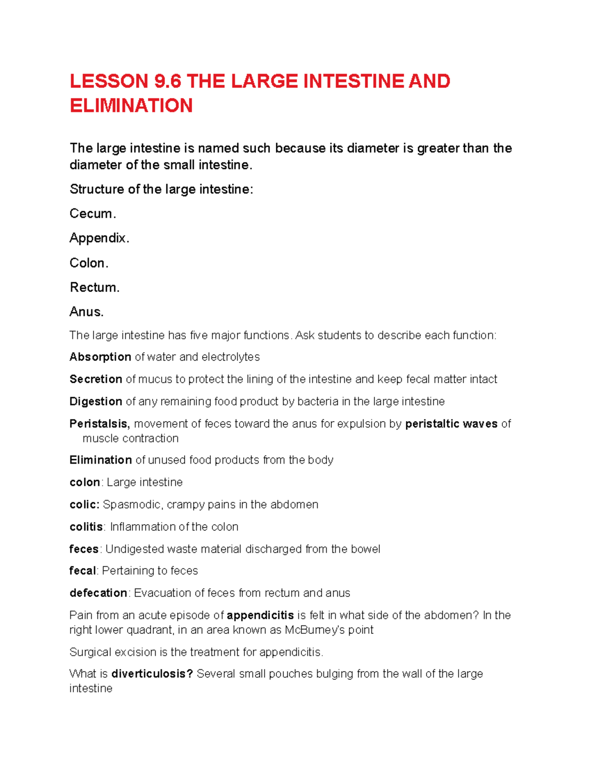 Exam content lesson 9.6 medical terminology LESSON 9 THE LARGE