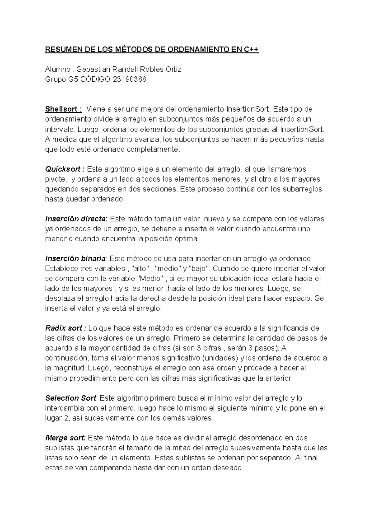Resumen de métodos de ordenamiento en CPP - RESUMEN DE LOS MÉTODOS DE ...
