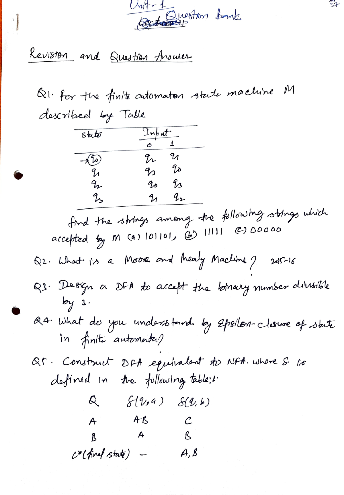 Automata Unit 1 Question Bank - Unst Evis18 And Uashn #rout Forfor He N ...