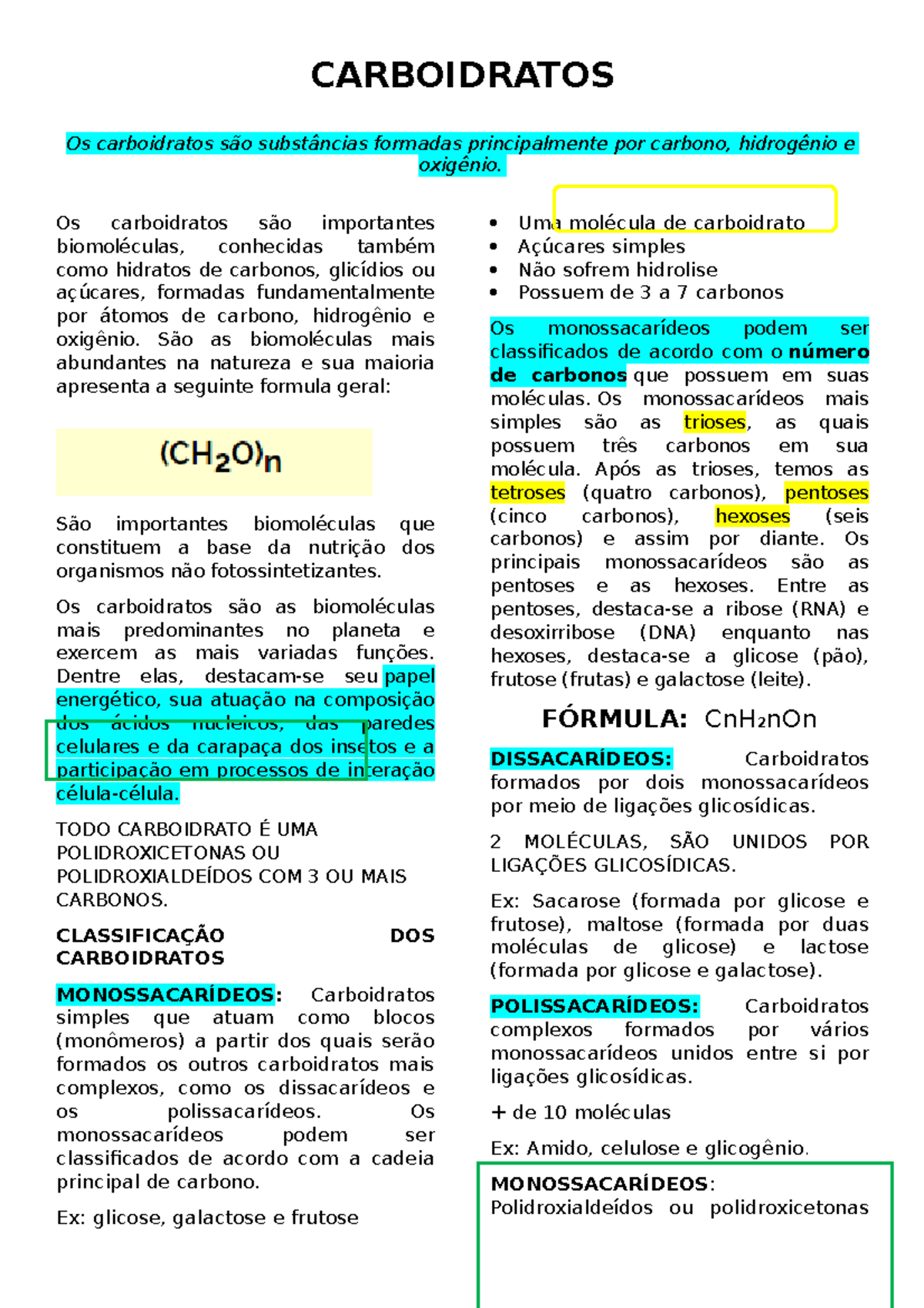 Carboidratos - Resumo - CARBOIDRATOS Os Carboidratos São Substâncias ...