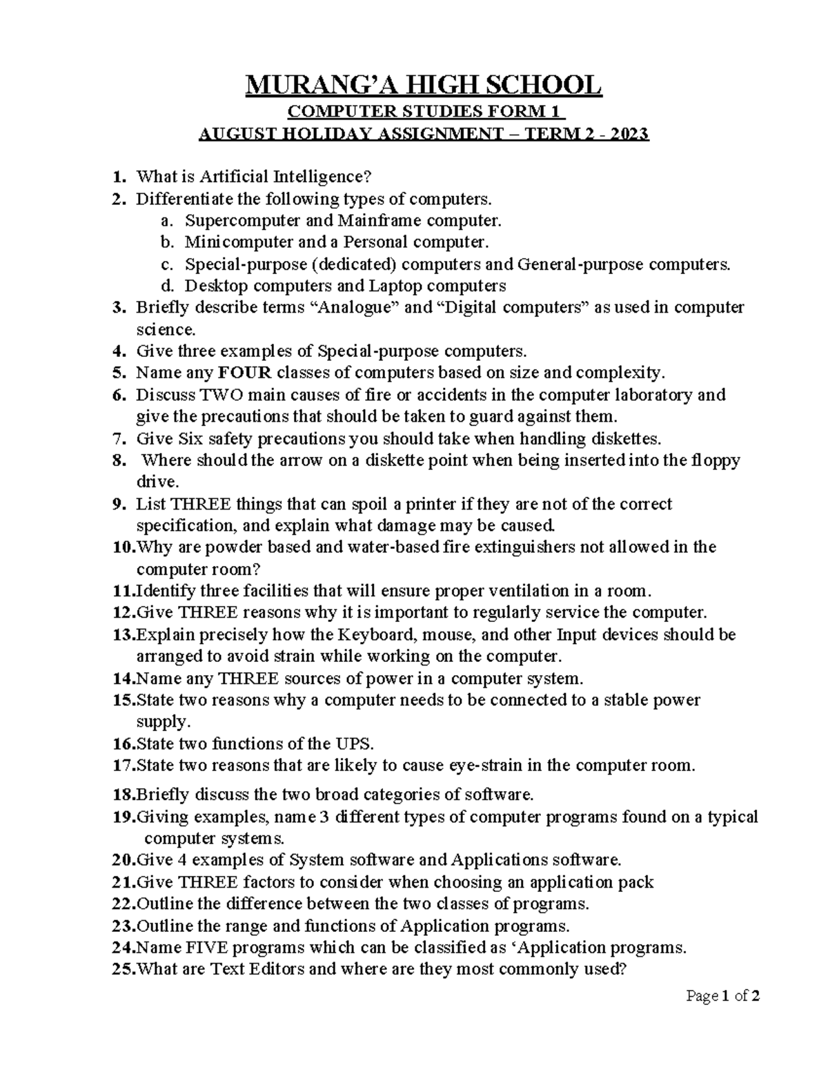 Computer FORM 1 - MURANG’A HIGH SCHOOL COMPUTER STUDIES FORM 1 AUGUST ...