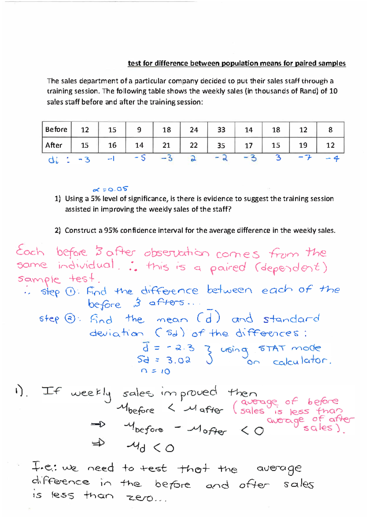 Extra example paired samples - test for difference between population ...