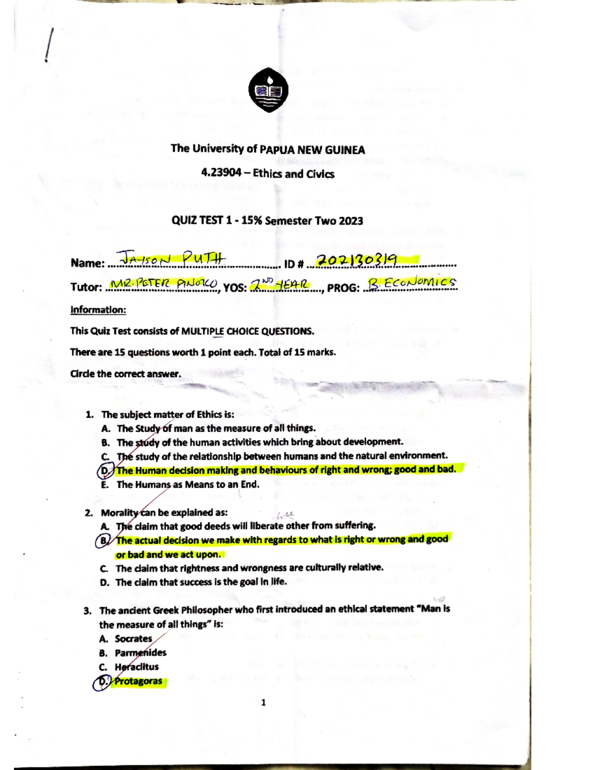 Quiz 1 S2 Solution 2023 - 4.23904 Civics and Ethics UPNG - Ethics ...