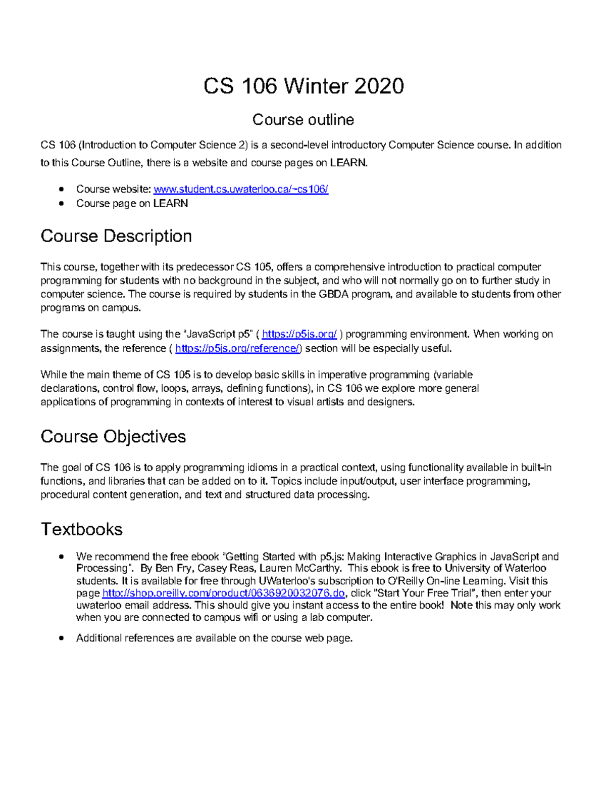 Course Outline - CS 106 Winter 2020 Course outline CS 106 (Introduction ...