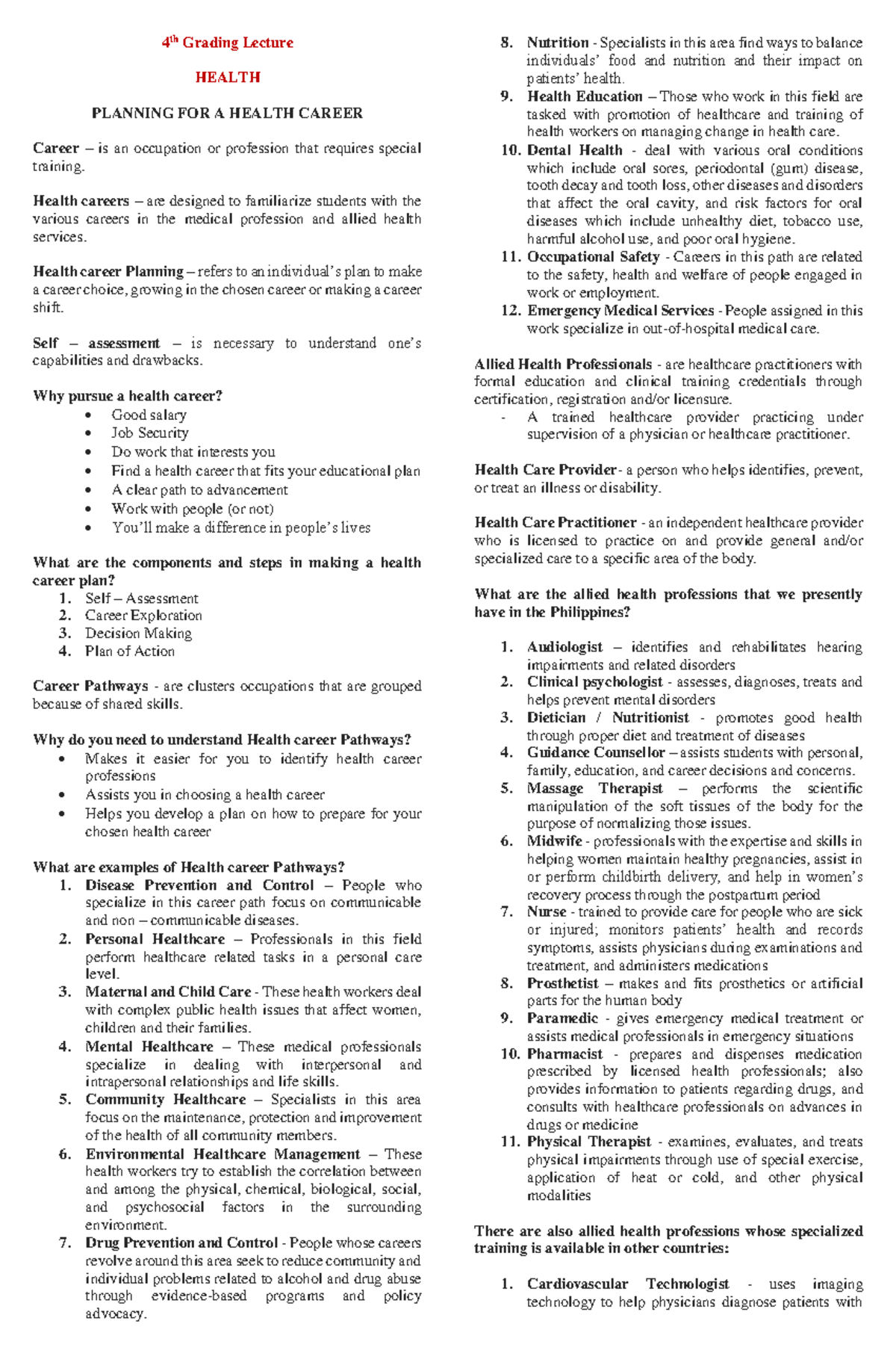 4TH- Grading- Lectures - 4 th Grading Lecture HEALTH PLANNING FOR A ...