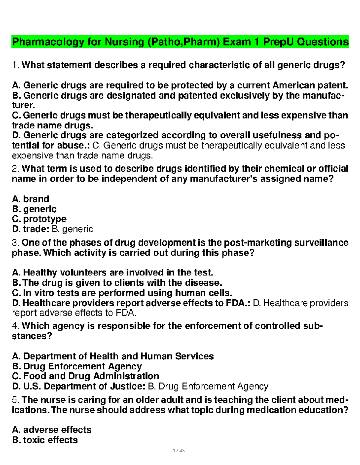 Pharmacology For Nursing (Patho,Pharm) Exam 1 Prep U Questions ...