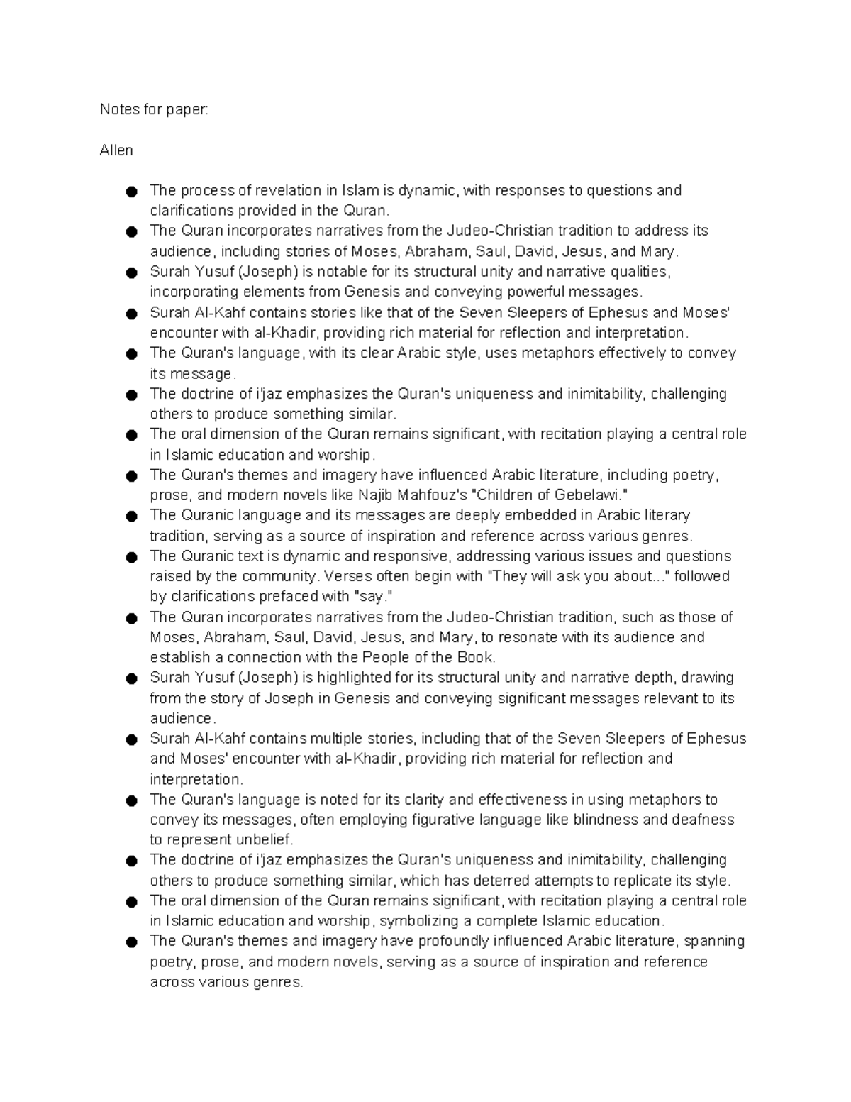 Arab Lit Notes - Notes for paper: Allen The process of revelation in ...