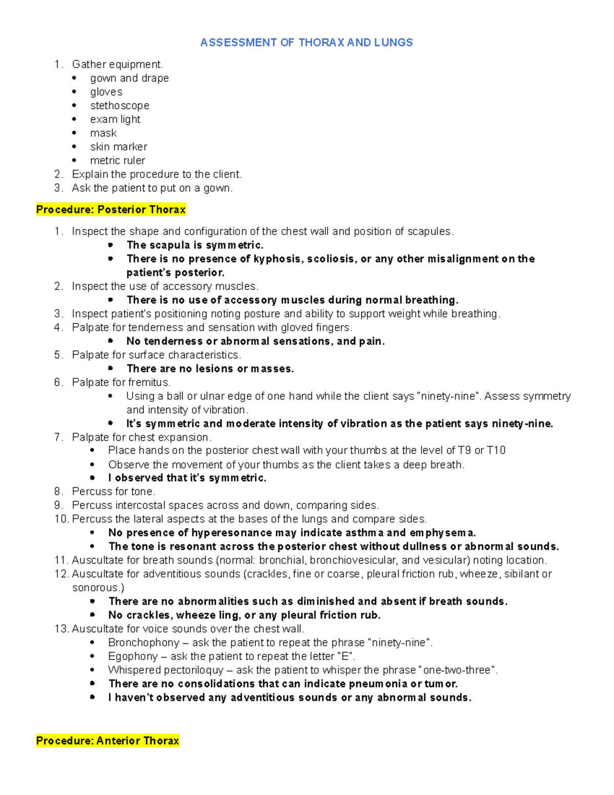 Assessment OF Thorax AND Lungs - ASSESSMENT OF THORAX AND LUNGS Gather ...