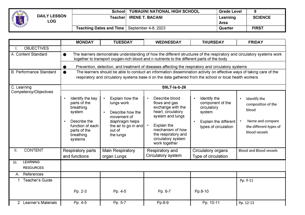 1st Quarter D Ll Sept 4 8 Daily Lesson Log School Tumauini