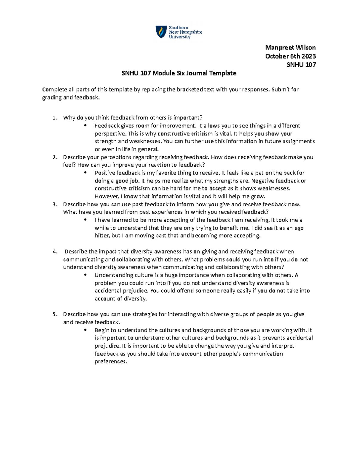 SNHU 107 Module Six Journal Template - Manpreet Wilson October 6th 2023 ...