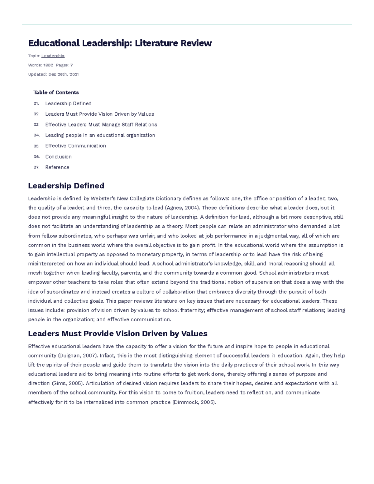 educational leadership literature review topics