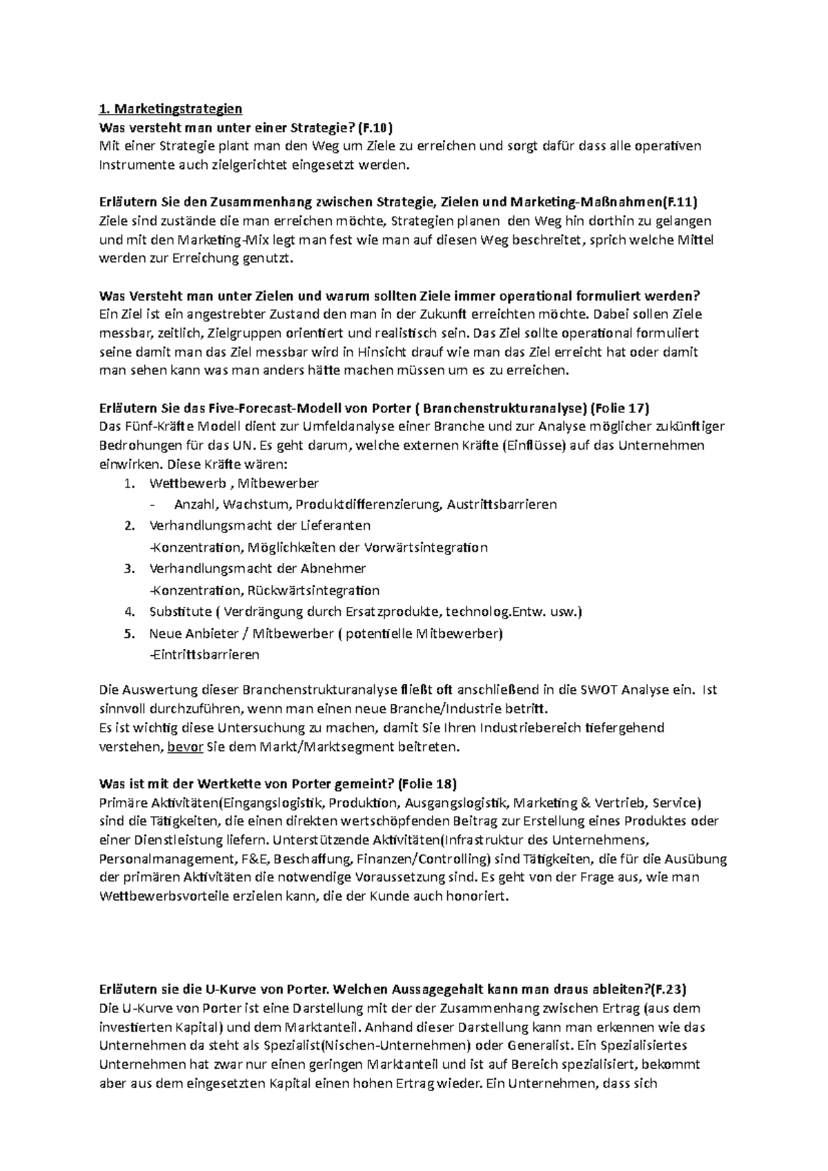 Zusammenfassung Marketing II - 1. Marketingstrategien Was versteht man unter einer Strategie? (F ...