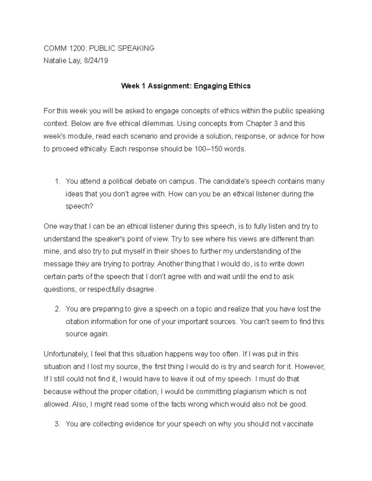 Week 1 Assignment Engaging Ethics Comm 10 Public Speaking Natalie Lay 8 24 Week 1 Assignment Studocu