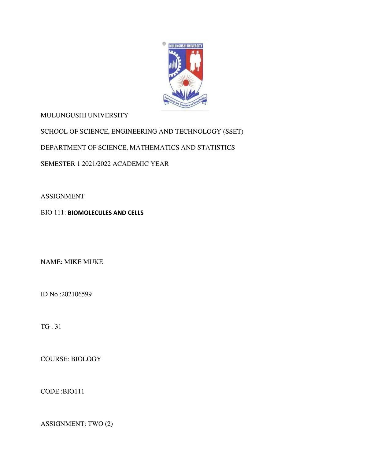 mulungushi university assignment cover page