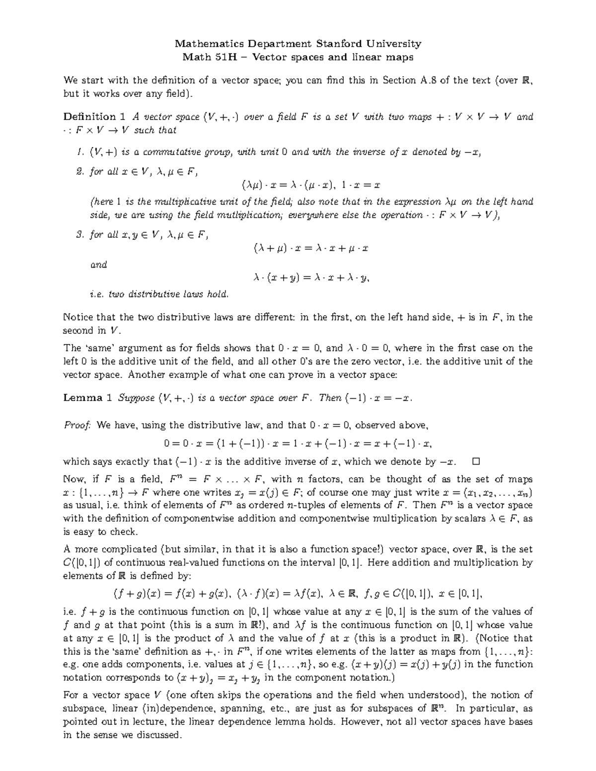 Lecture notes, lecture Vector spaces and linear maps - Mathematics ...