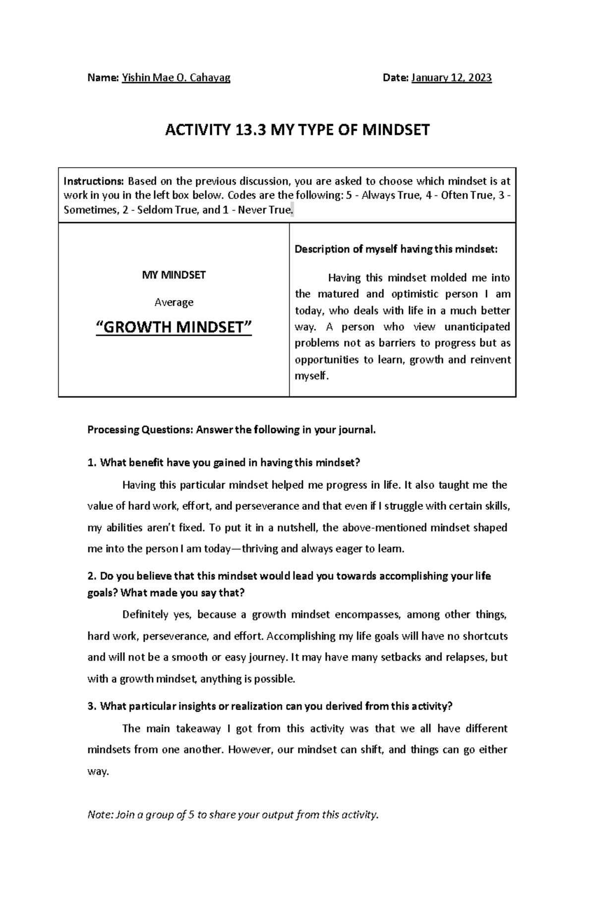 Chapter 14 Activity MY TYPE OF Mindset - Name: Yishin Mae O. Cahayag ...