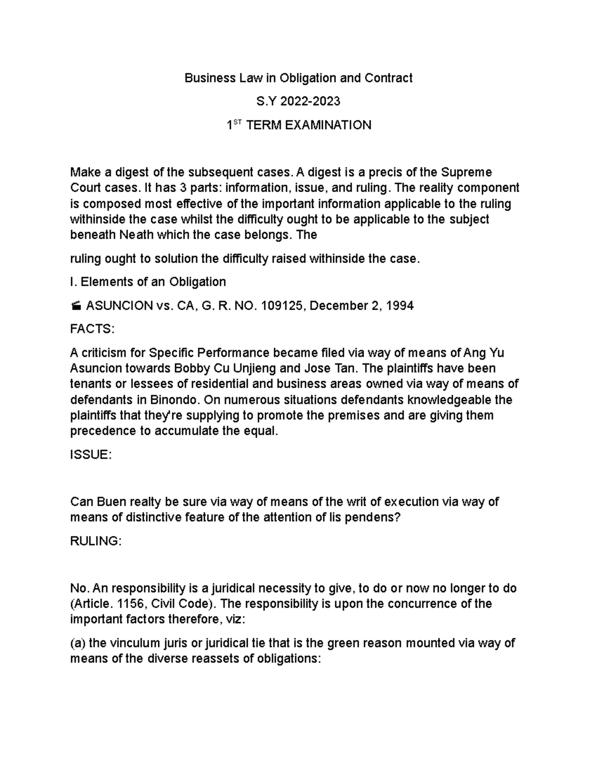 Business Law in Obligation and Contract 1STt ERMExamination - Business ...