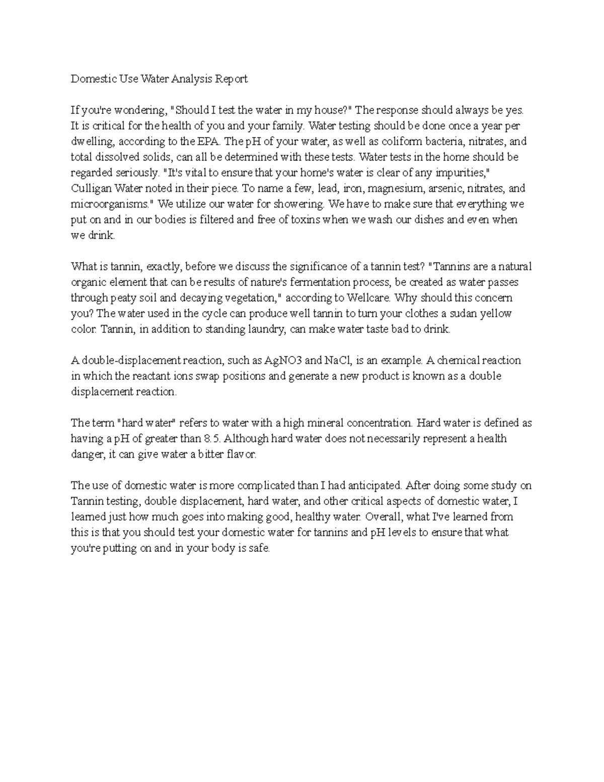 Domestic Use Water Analysis Report lab Domestic Use Water Analysis