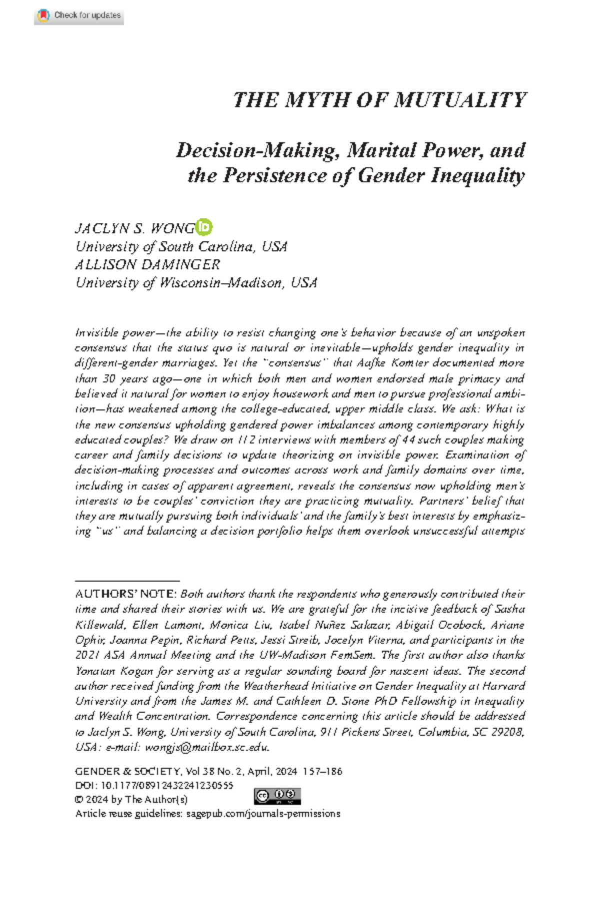 Wong daminger 2024 the myth of mutuality decision making marital power ...