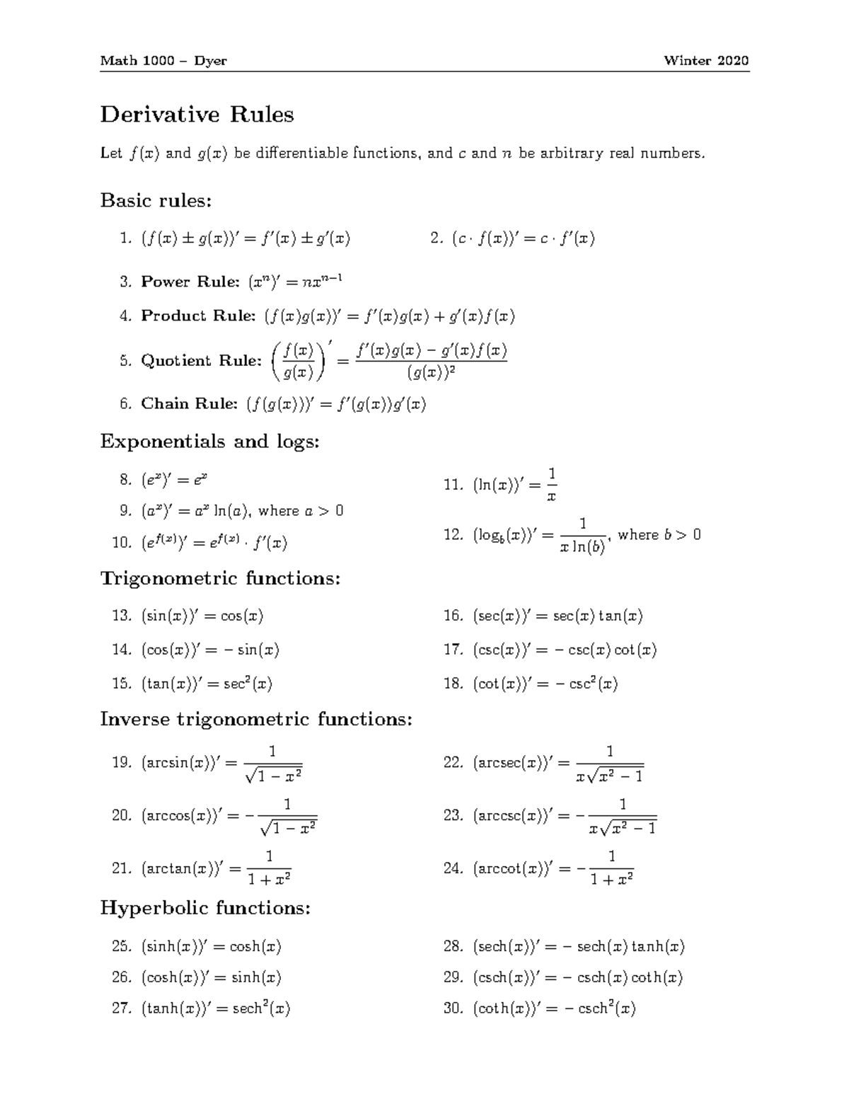 Derivatives - course practice - Math 1000 - Memorial University - Studocu