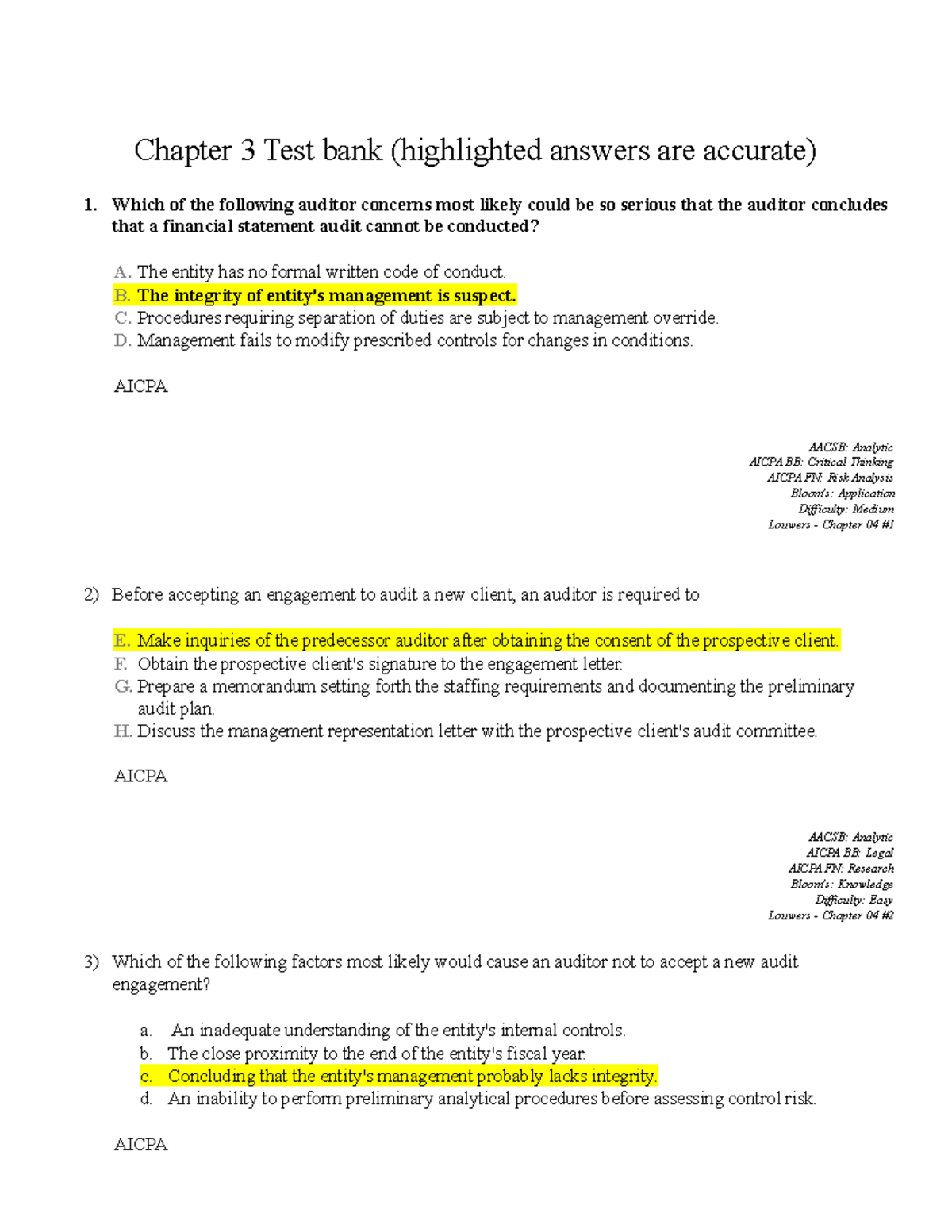 Chapter 3 Practice Questions- Answers Highlighted- Multiple Choice And ...