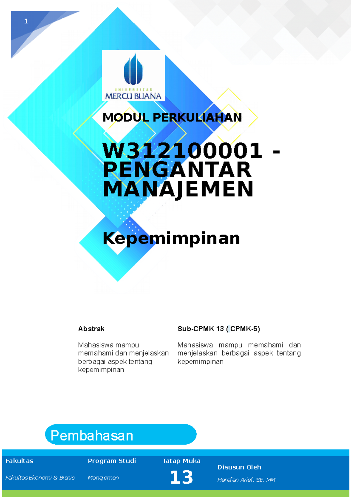 Modul 13 New - Kepemimpian - 1 MODUL PERKULIAHAN W312100001 - PENGANTAR ...