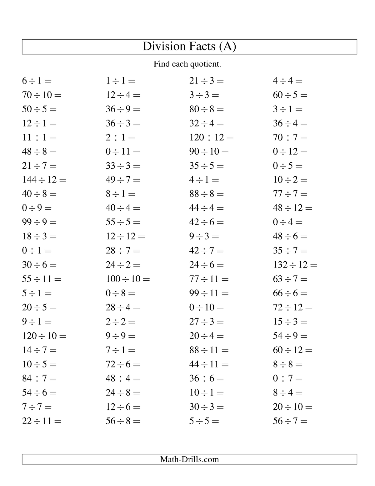 Division Facts Timed Test - Division Facts (A) Find each quotient. 6 ÷ ...