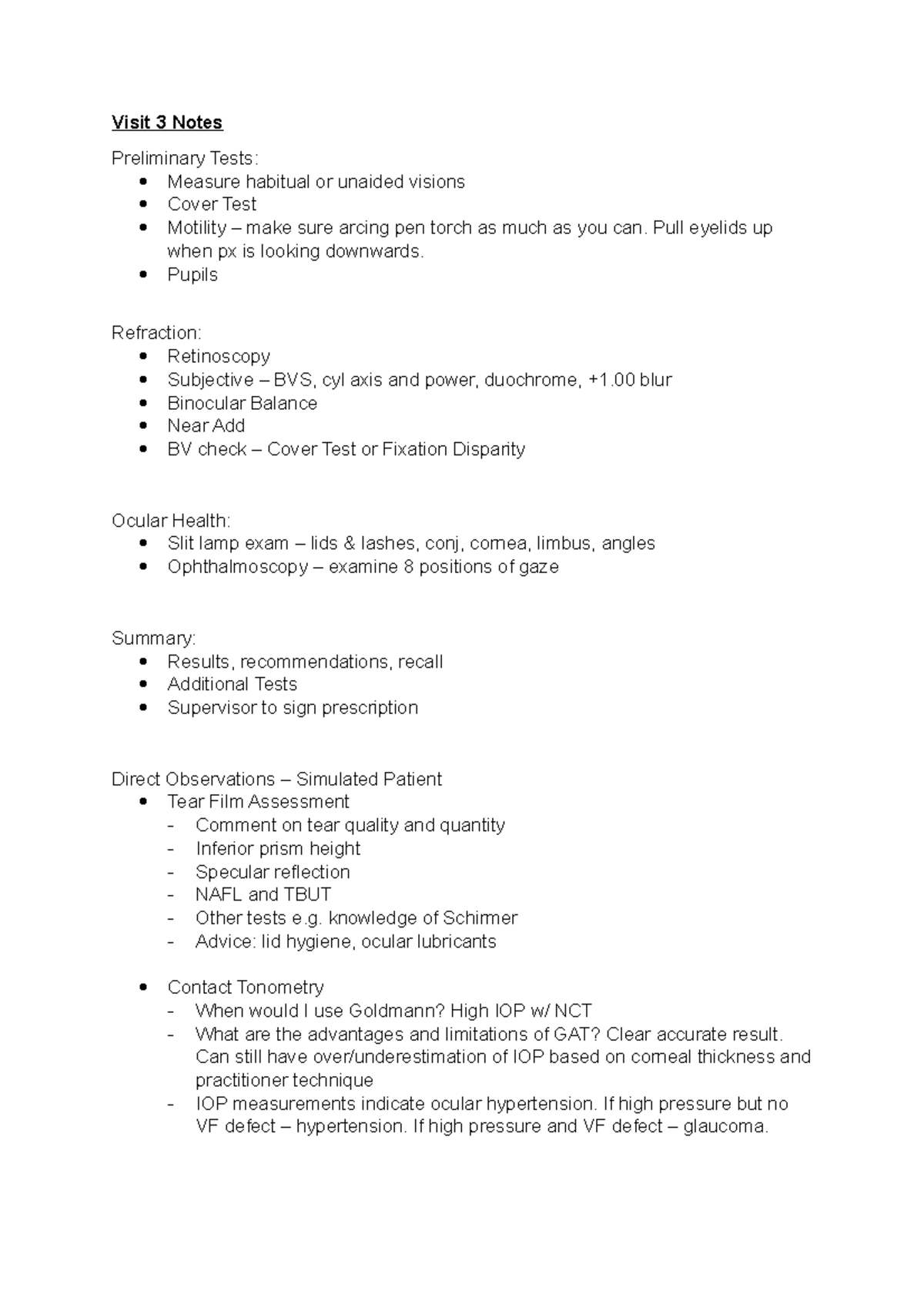 Visit 3 Notes - Visit 3 Notes Preliminary Tests: Measure habitual or ...