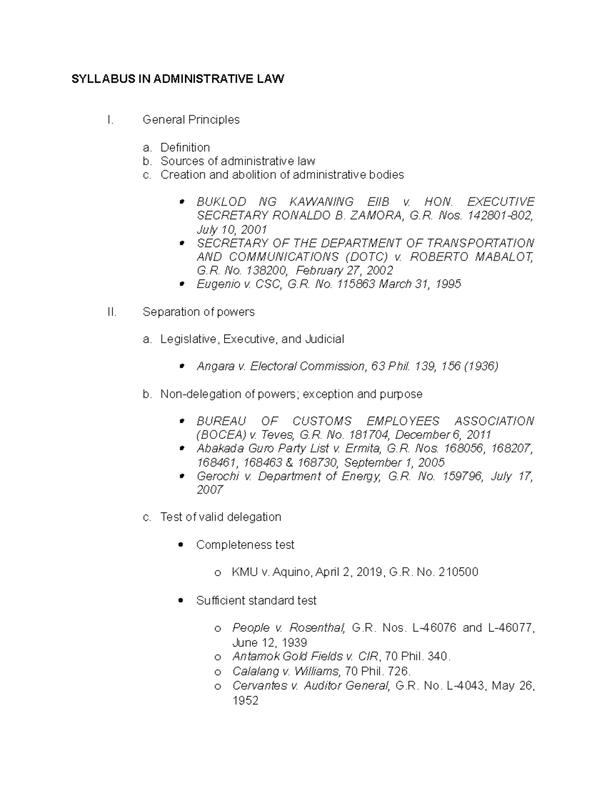 Syllabus IN Administrative LAW SYLLABUS IN ADMINISTRATIVE LAW I