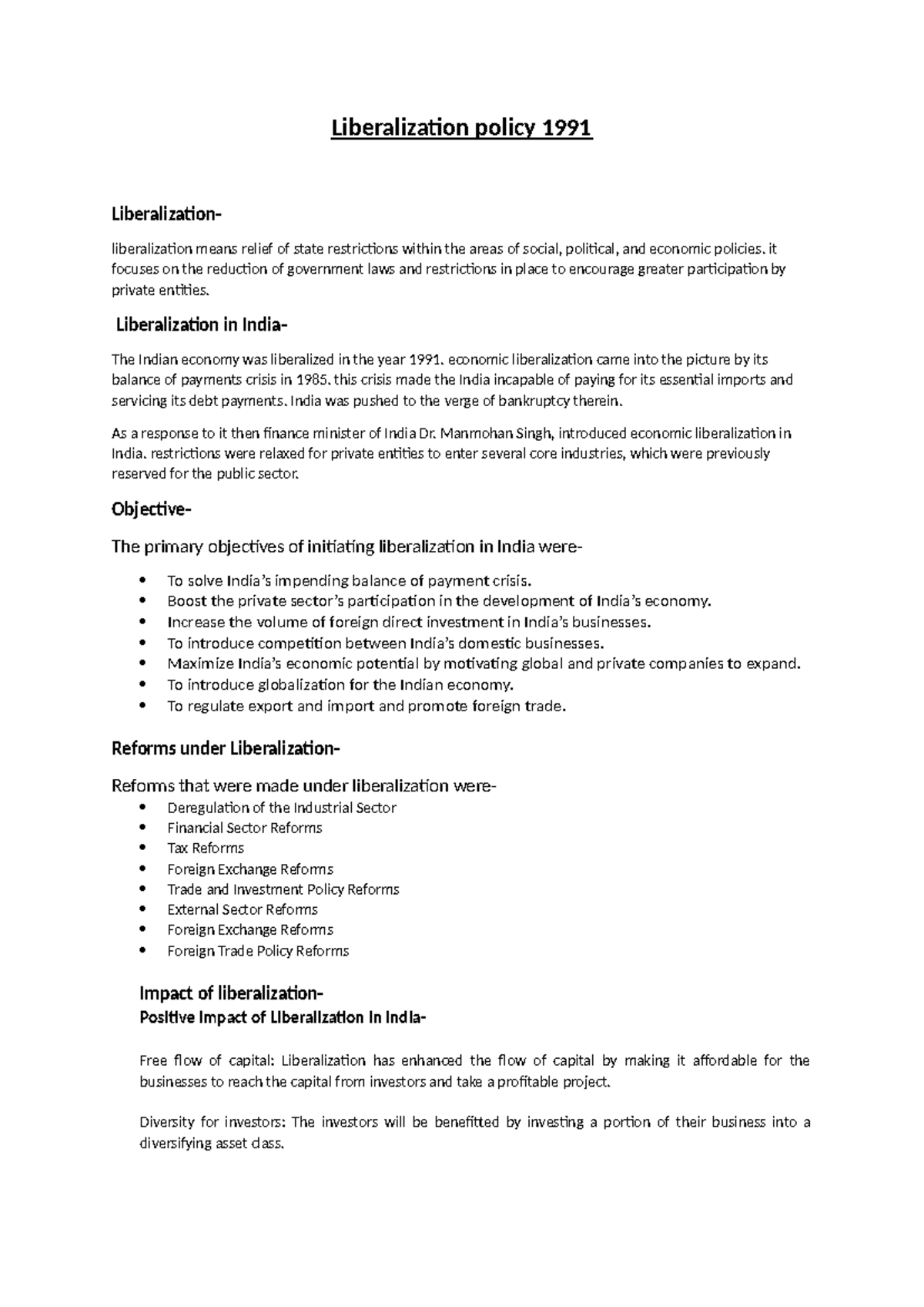 Liberalization policy 1991 - Liberalization policy 1991 Liberalization ...