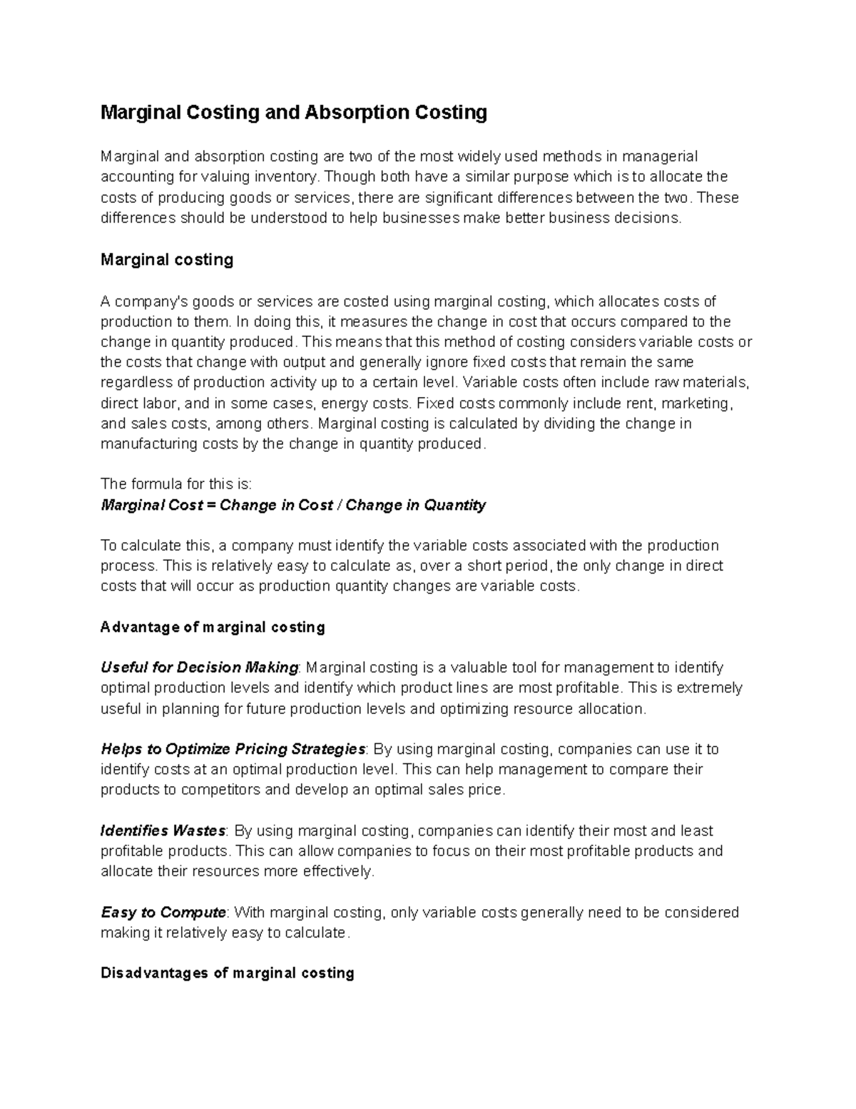 Marginal Costing and Absorption Costing Marginal Costing and