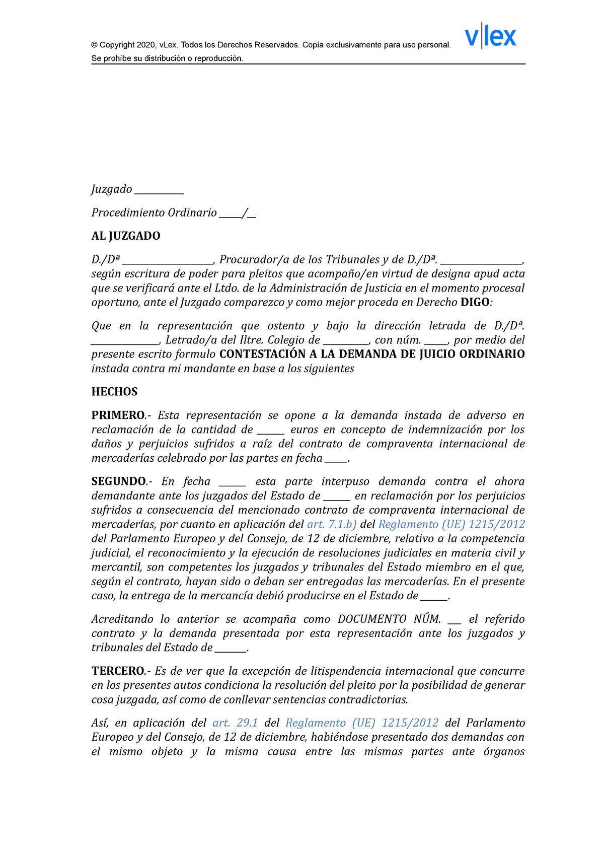 CONTESTACIÓN A LA DEMANDA DE JUICIO ORDINARIO POR INCUMPLIMIENTO ...