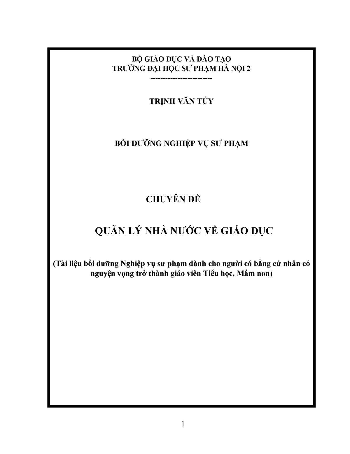 Quản lý nhà nước về giáo dục - BỘ GIÁO DỤC VÀ ĐÀO TẠO TRƯỜNG ĐẠI HỌC SƯ PHẠM HÀ NỘI 2 - TRỊNH VĂN - StuDocu