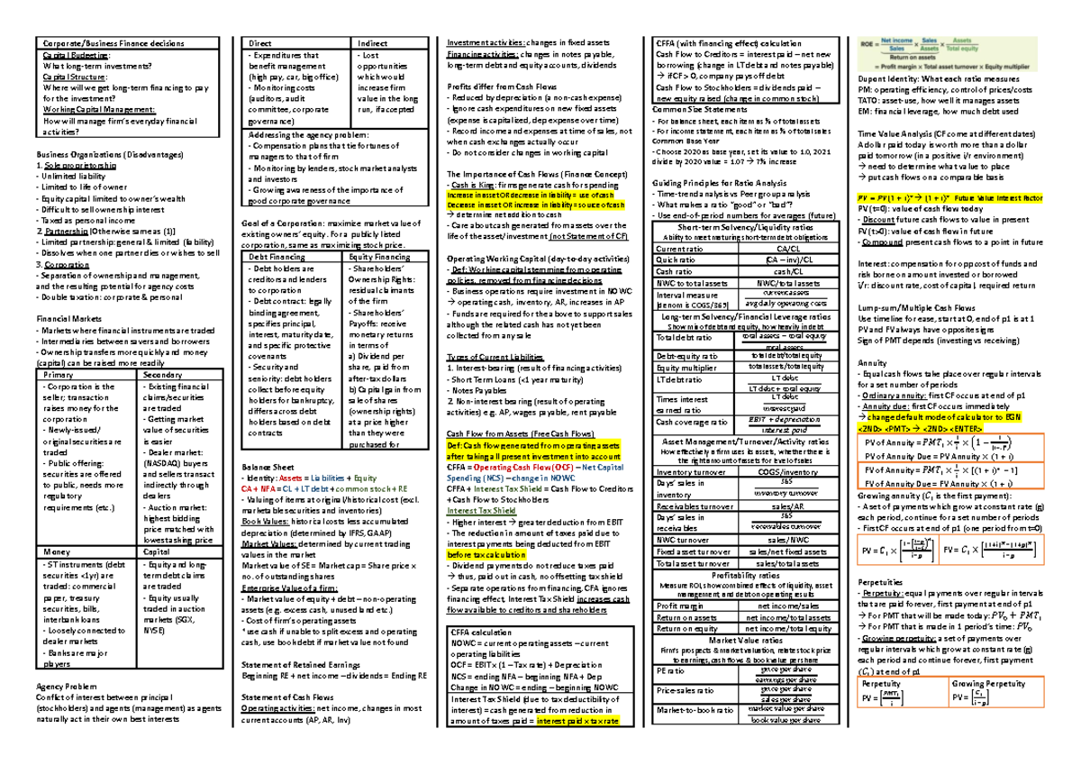 FIN Mid-Term Cheatsheet - Corporate/Business Finance decisions Capital ...