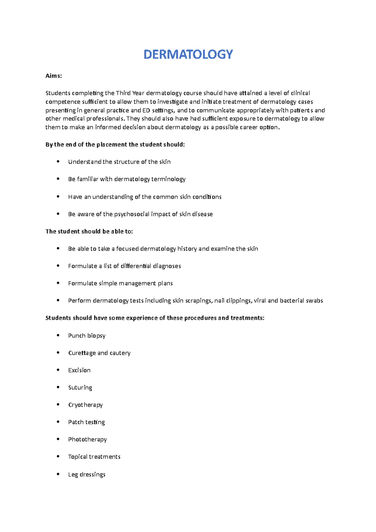 Dermatology - Lecture notes 1-10 - DERMATOLOGY Aims: Students ...