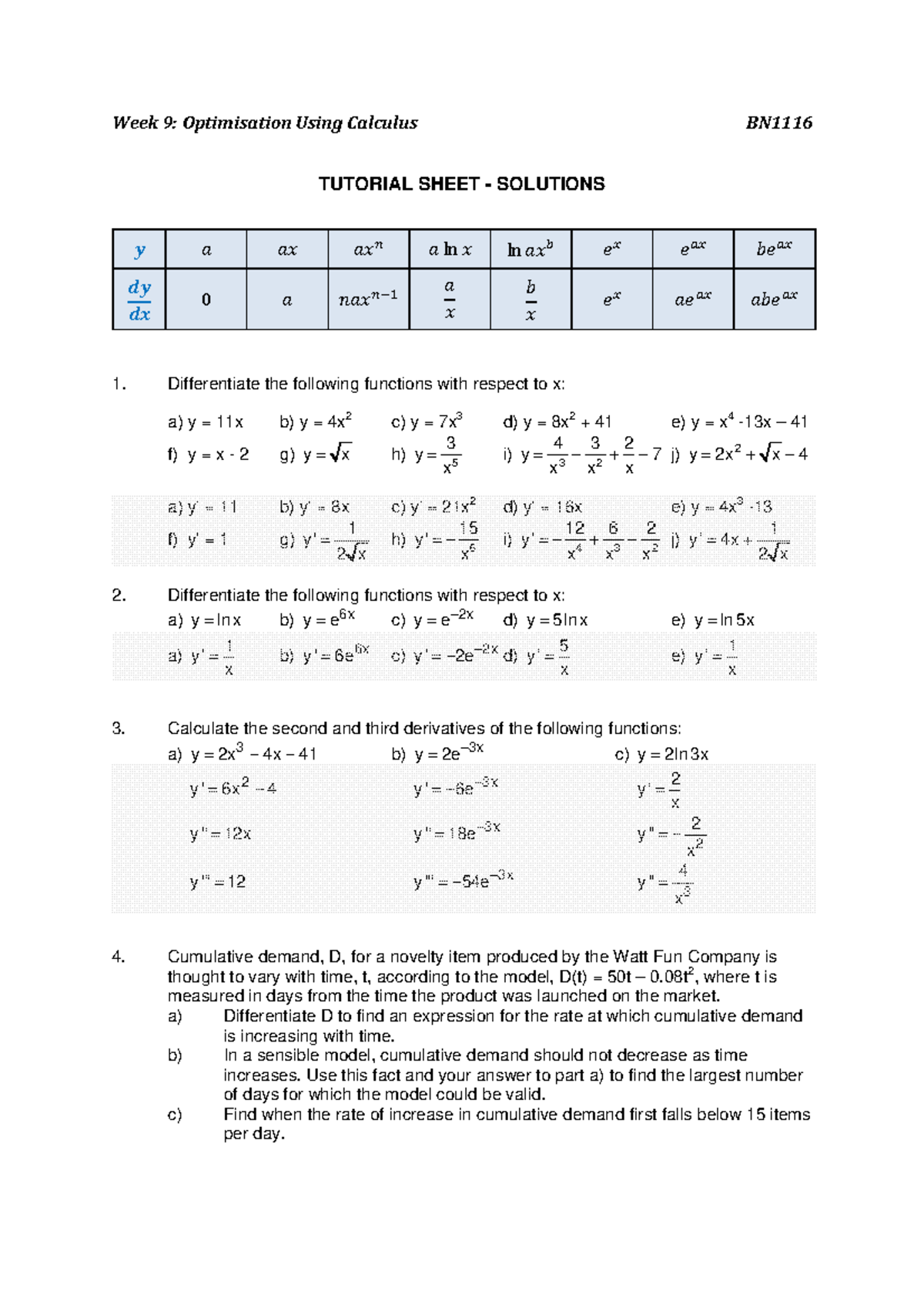 Week 9 - Solutions - optimisation using calculus - Week 9: Optimisation ...