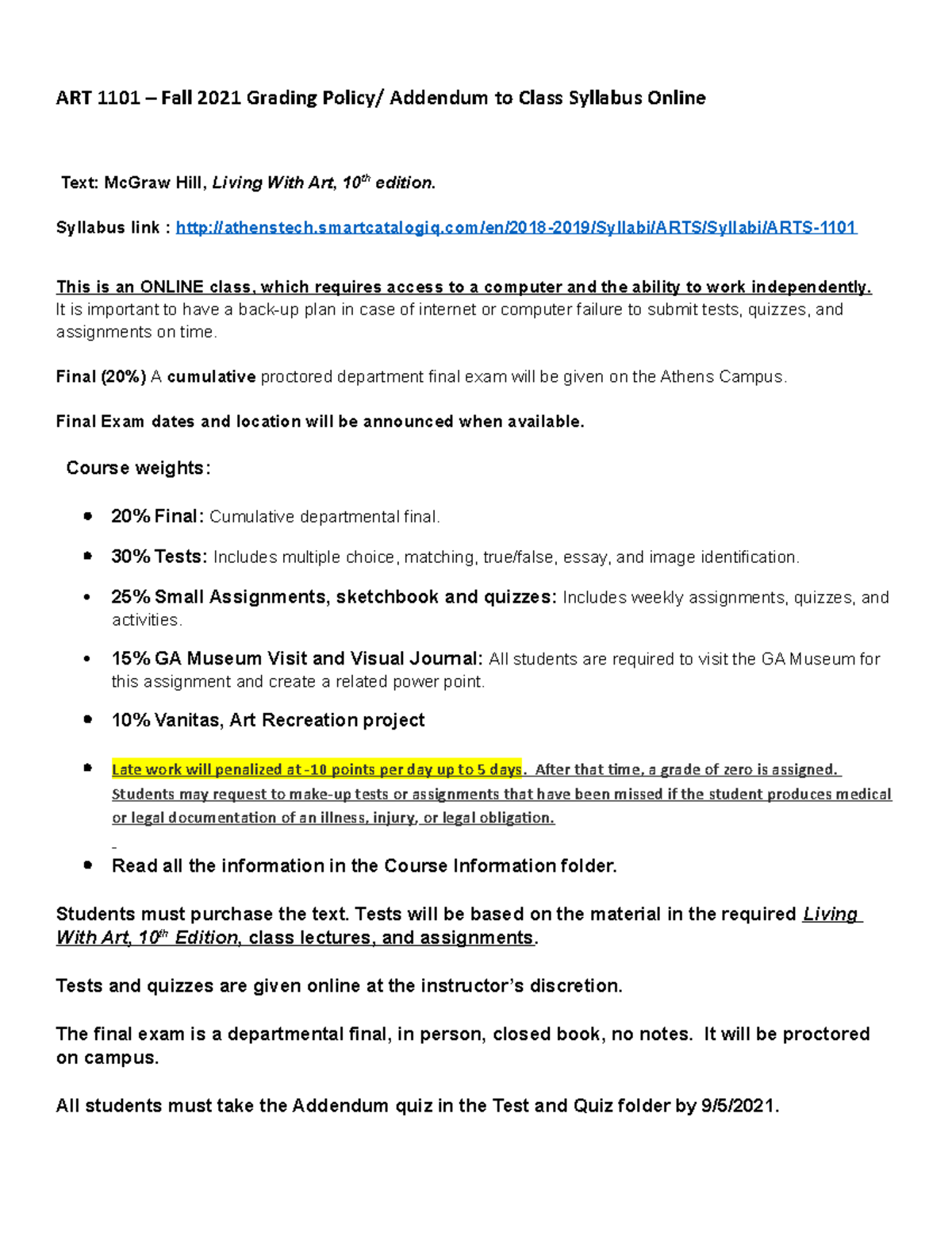 ART 1101 addendum F 2021 oline(2) (1) - ART 1101 – Fall 2021 Grading ...