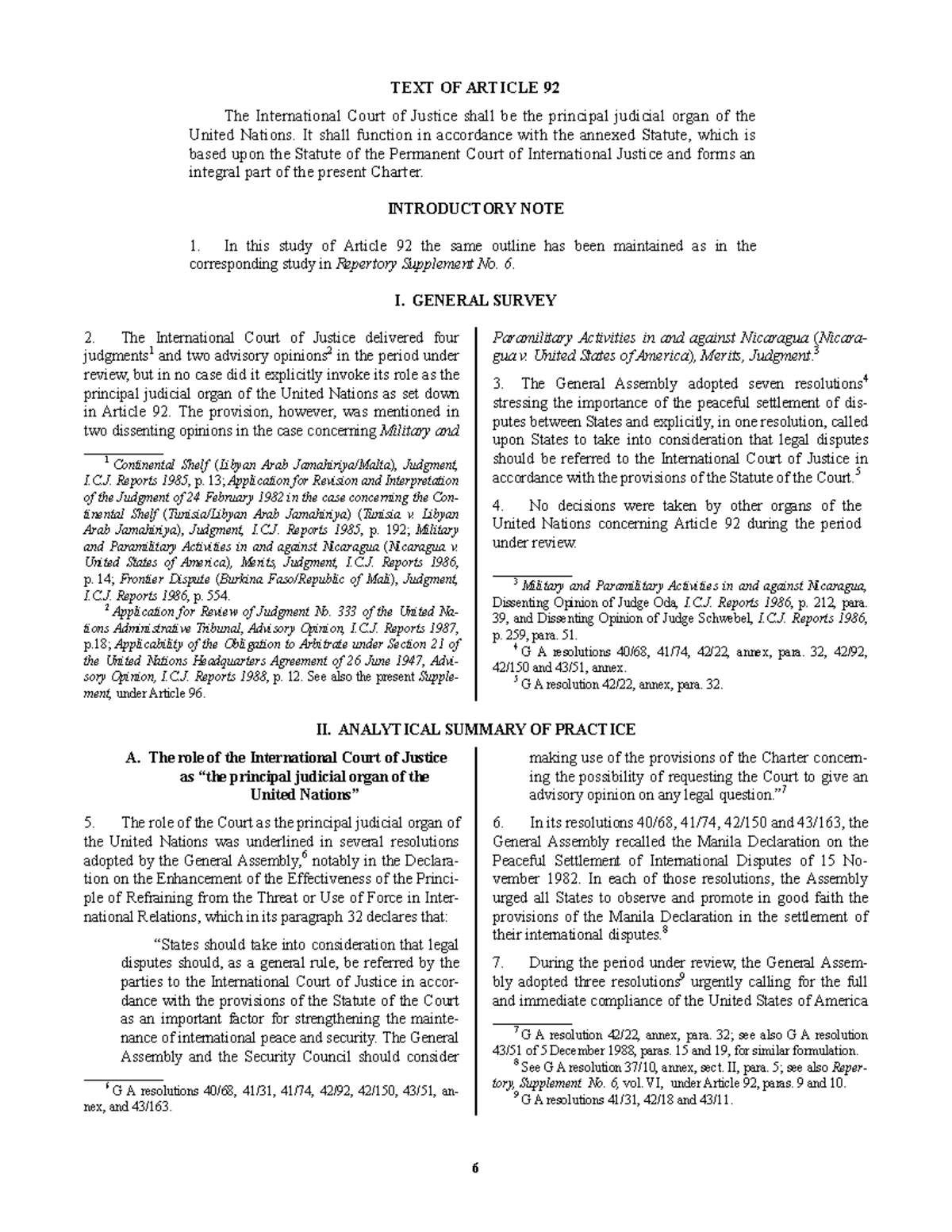 US. V Nicaragua - International law - 6 TEXT OF ARTICLE 92 The ...