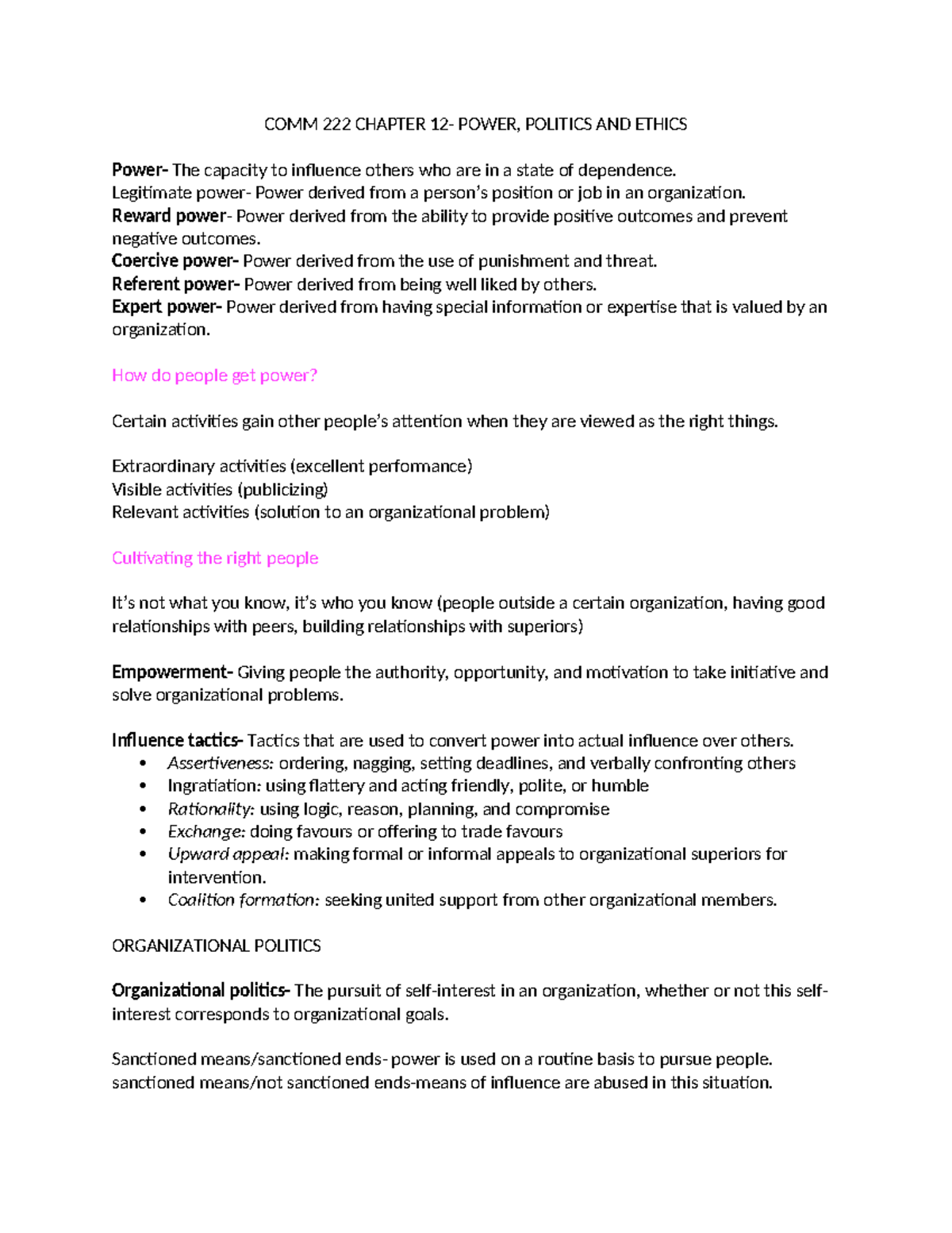 COMM 22 Chapter 12 - COMM 222 CHAPTER 12- POWER, POLITICS AND ETHICS ...