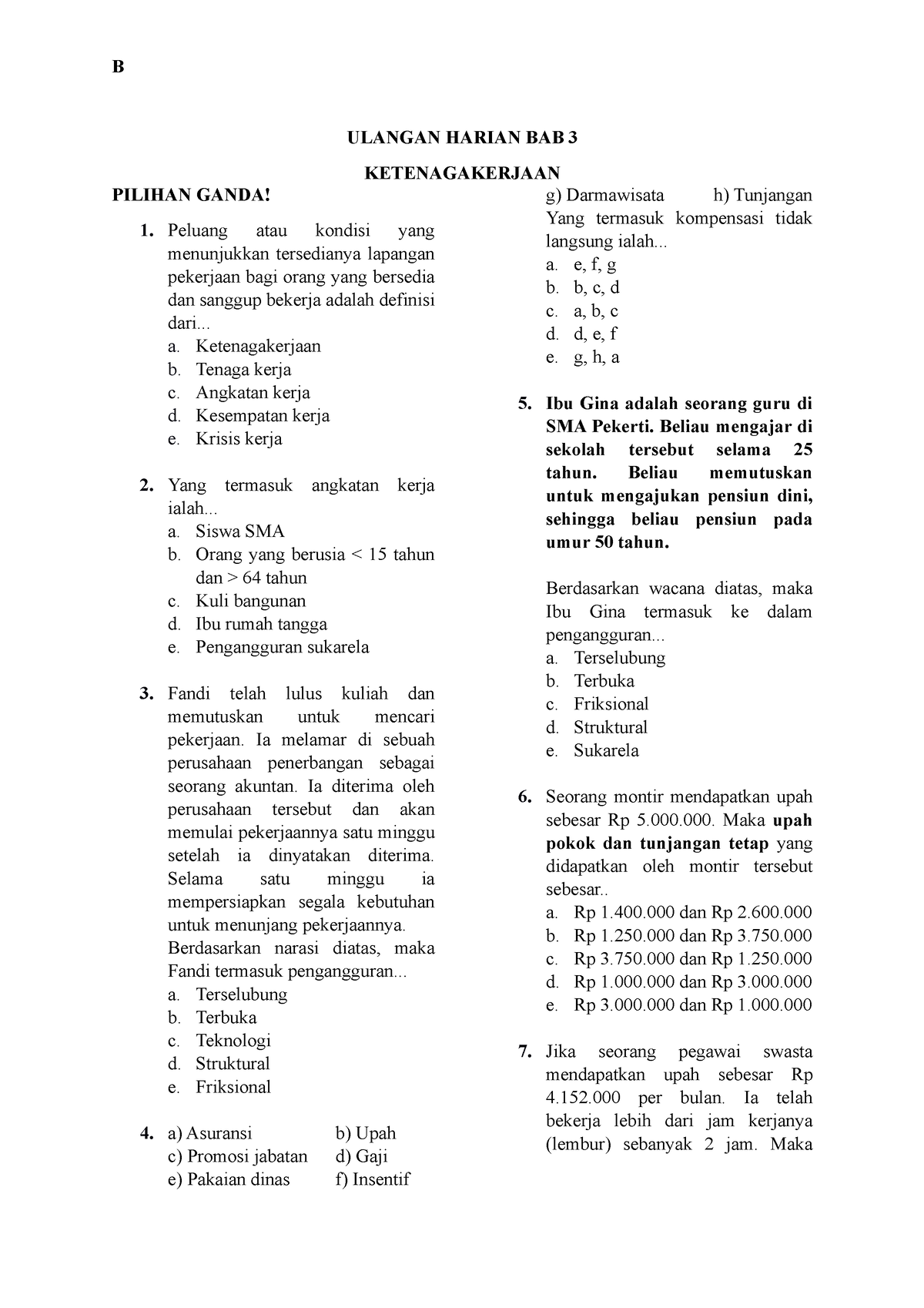 Ulangan Harian XI BAB 3 B - B ULANGAN HARIAN BAB 3 KETENAGAKERJAAN ...