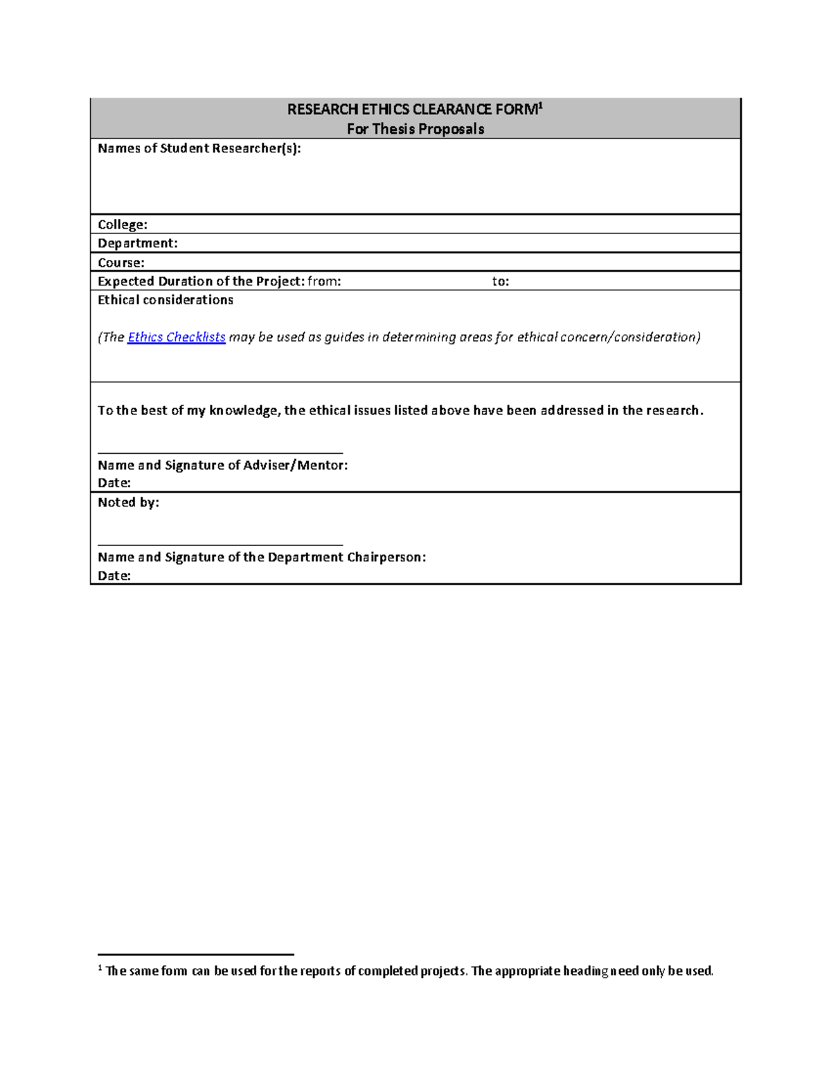 Student research ethics clearance form - RESEARCH ETHICS CLEARANCE FORM ...