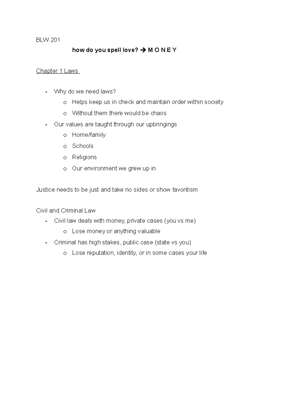 BLW 201 notes - BLW 201 how do you spell love? M O N E Y Chapter 1 Laws ...
