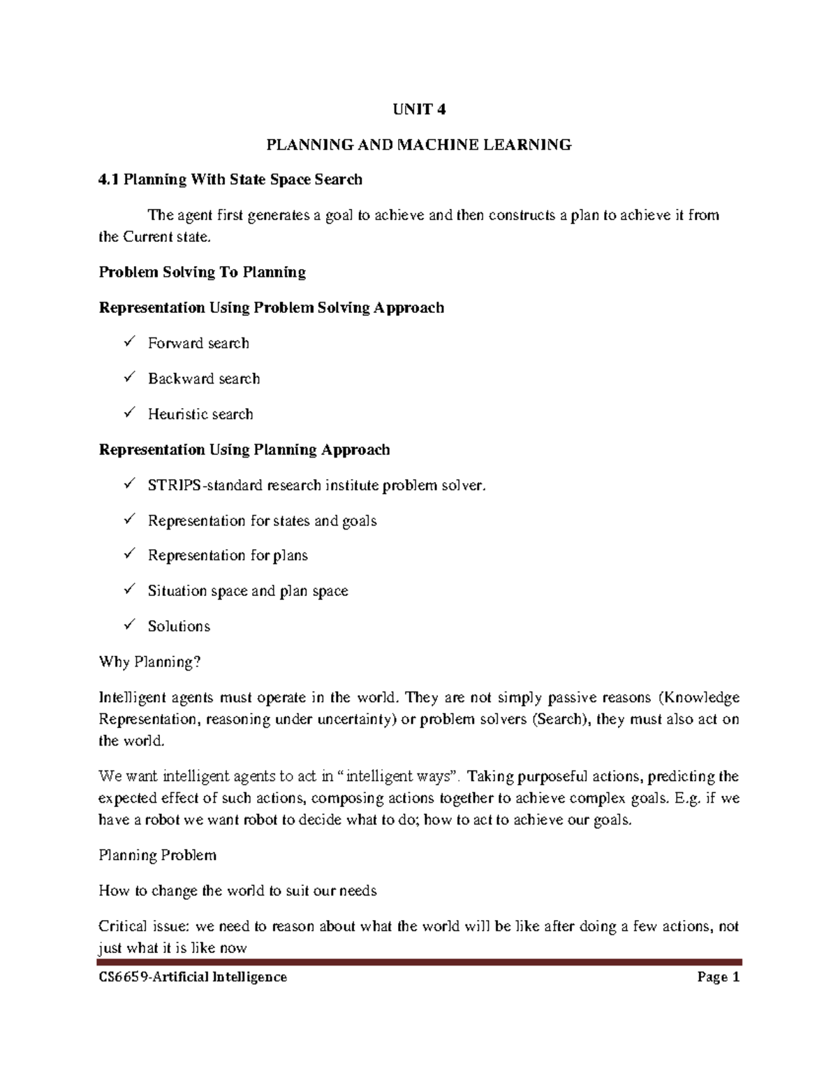 UNIT 4- airtificial intelligence and expert systems - UNIT 4 PLANNING AND MACHINE LEARNING 4 ...