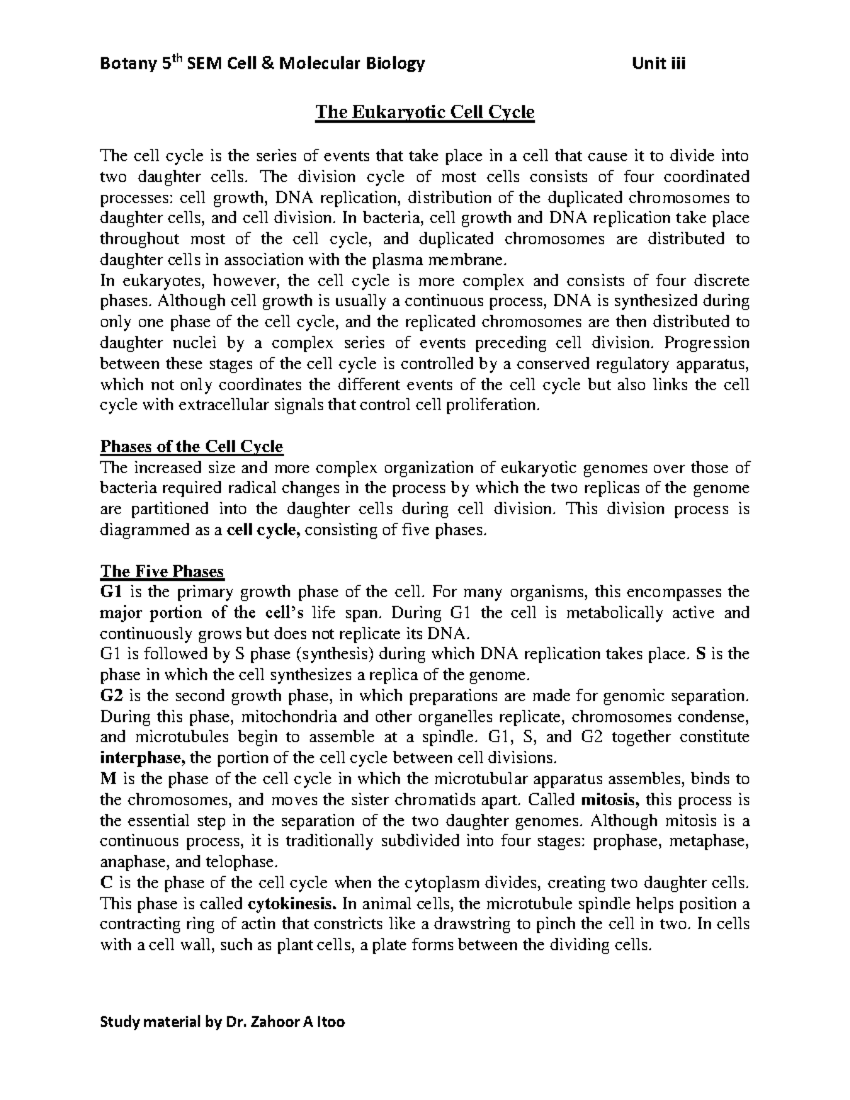 Botany Unit iii - Summary Ba 6th Semester - The Eukaryotic Cell Cycle ...