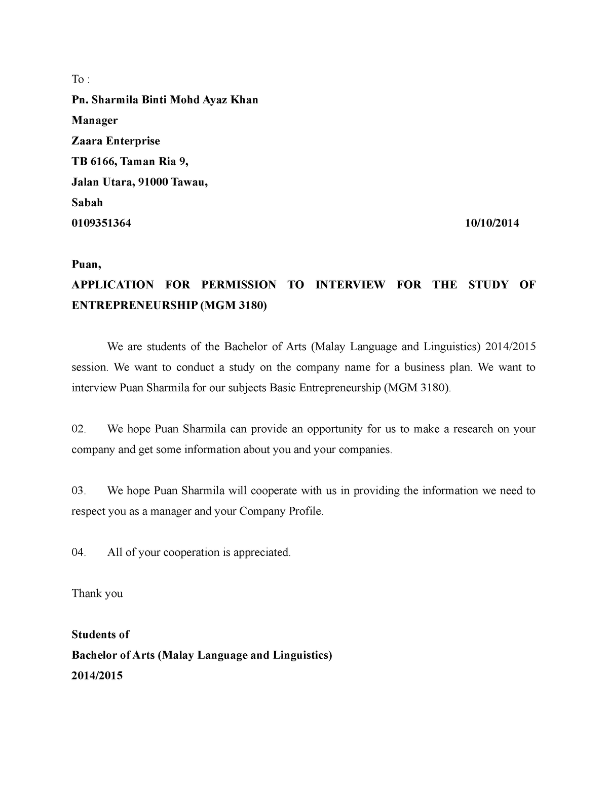 Letter - mgm3108 - To : Pn. Sharmila Binti Mohd Ayaz Khan Manager Zaara ...