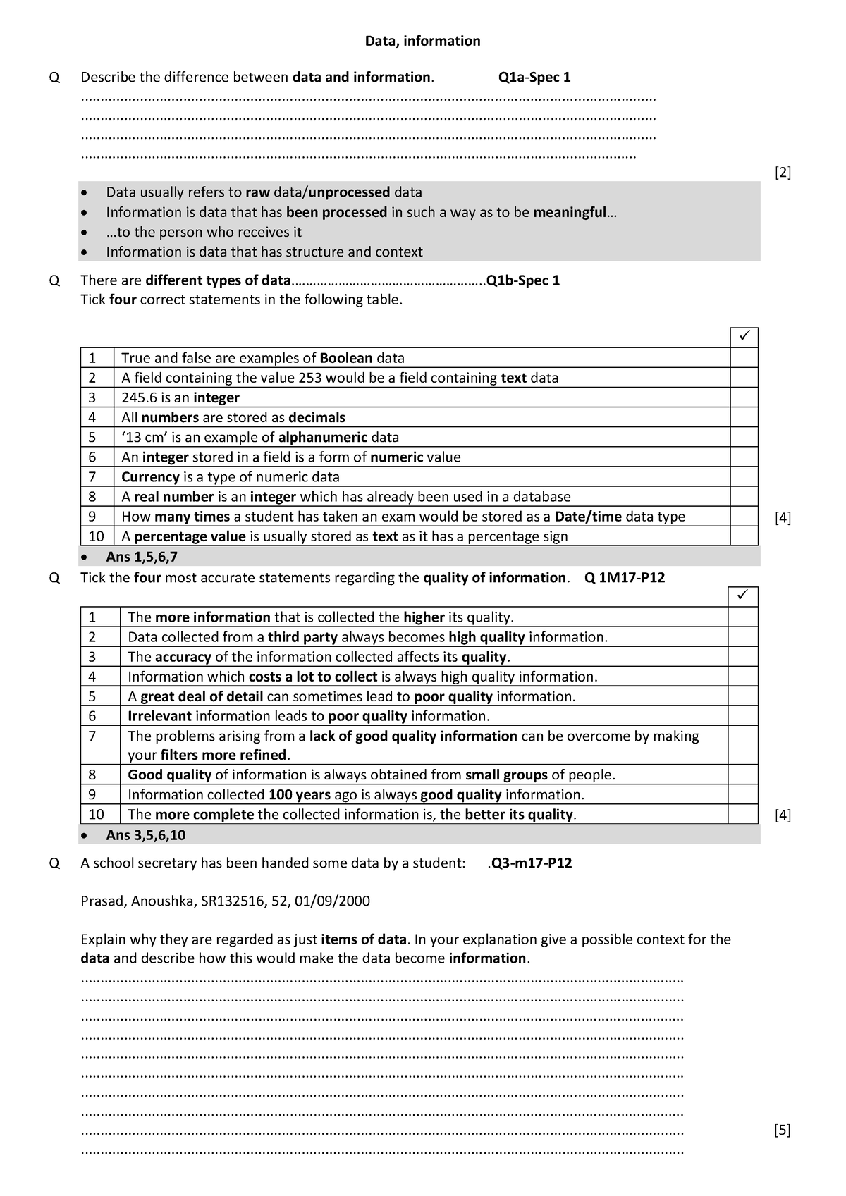 Chapter 1 Data Information - Data, Information Q Describe The 