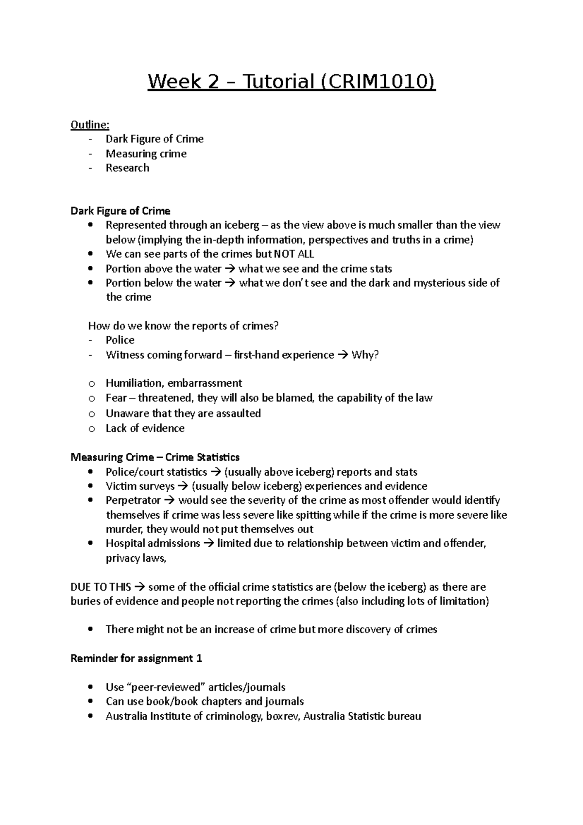 Week 2 Tutorial Notes - Week 2 – Tutorial (CRIM1010) Outline: - Dark ...