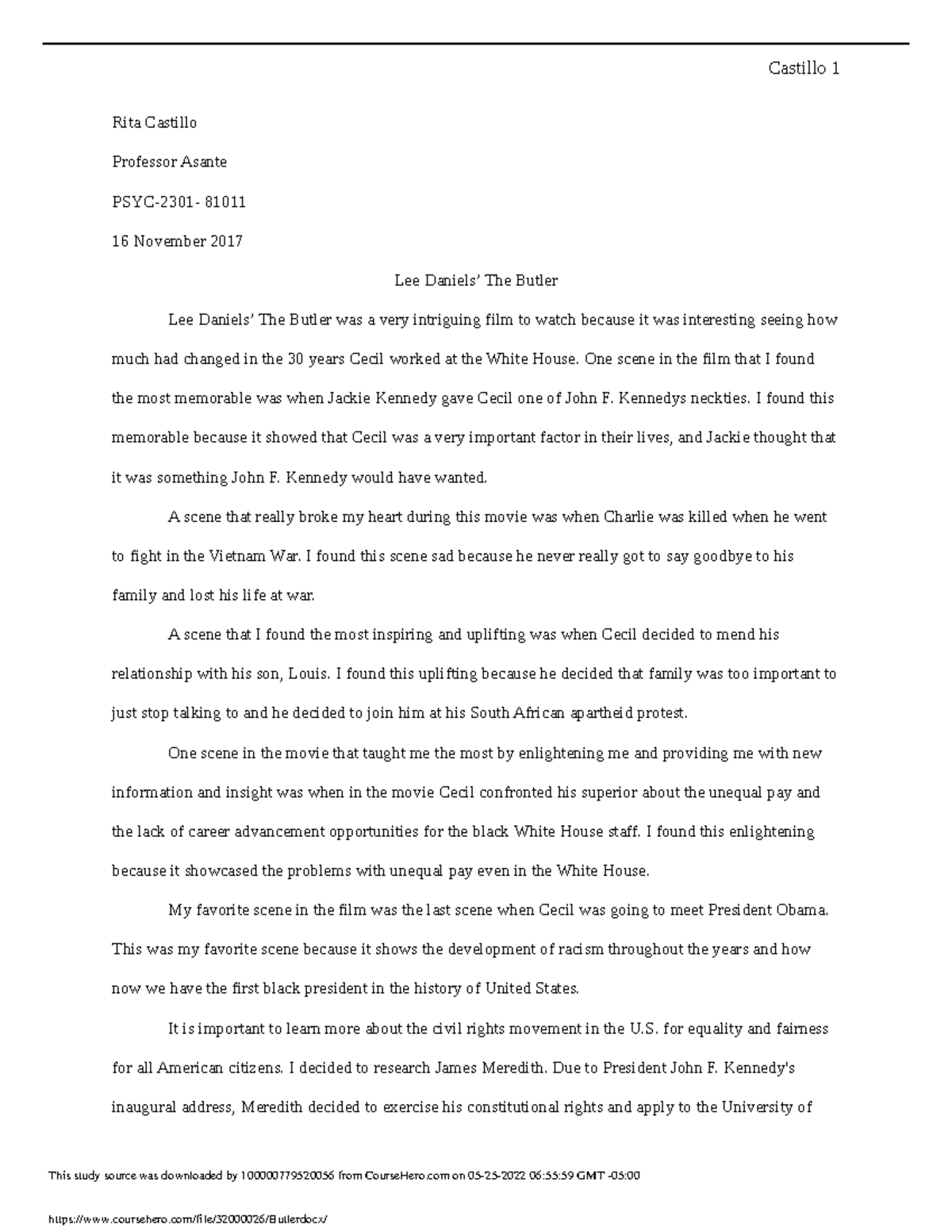 Butler - assignment - Castillo 1 Rita Castillo Professor Asante PSYC ...