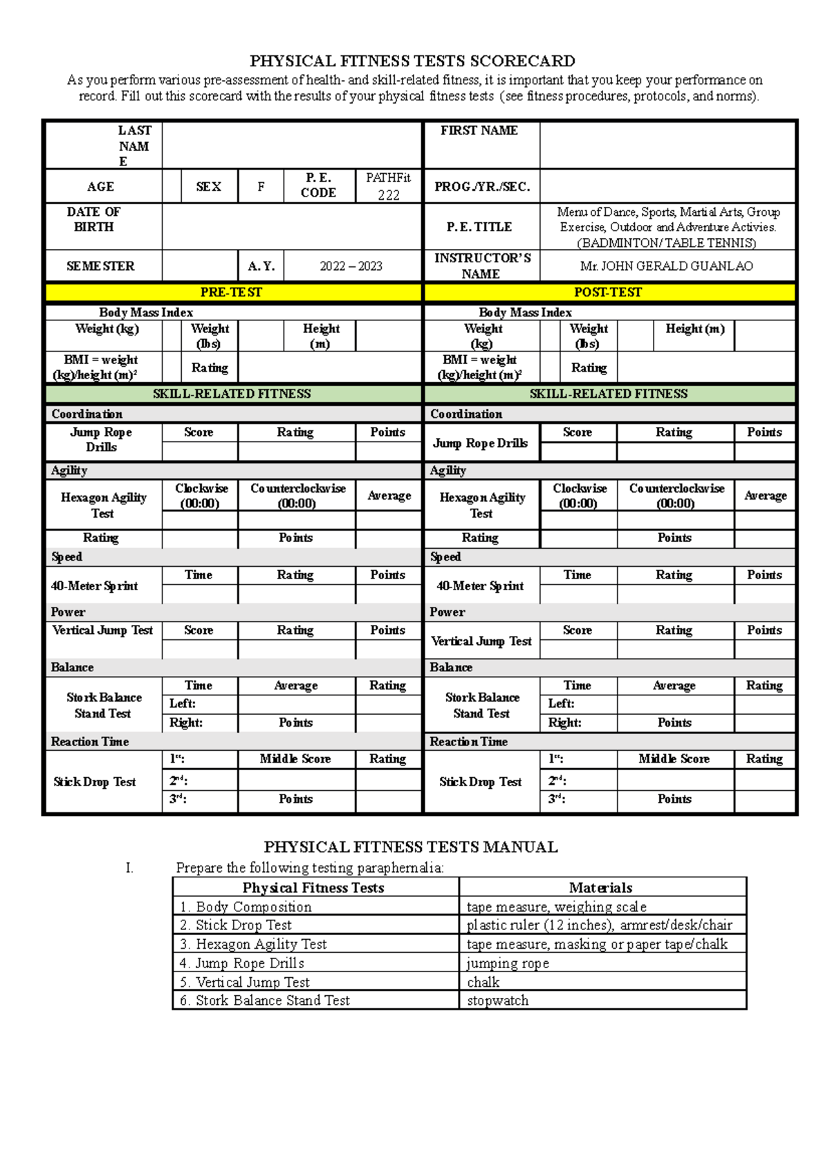 Physical Fitness Test Scorecard With Answers Grade 8 At Thomas Karsten Blog