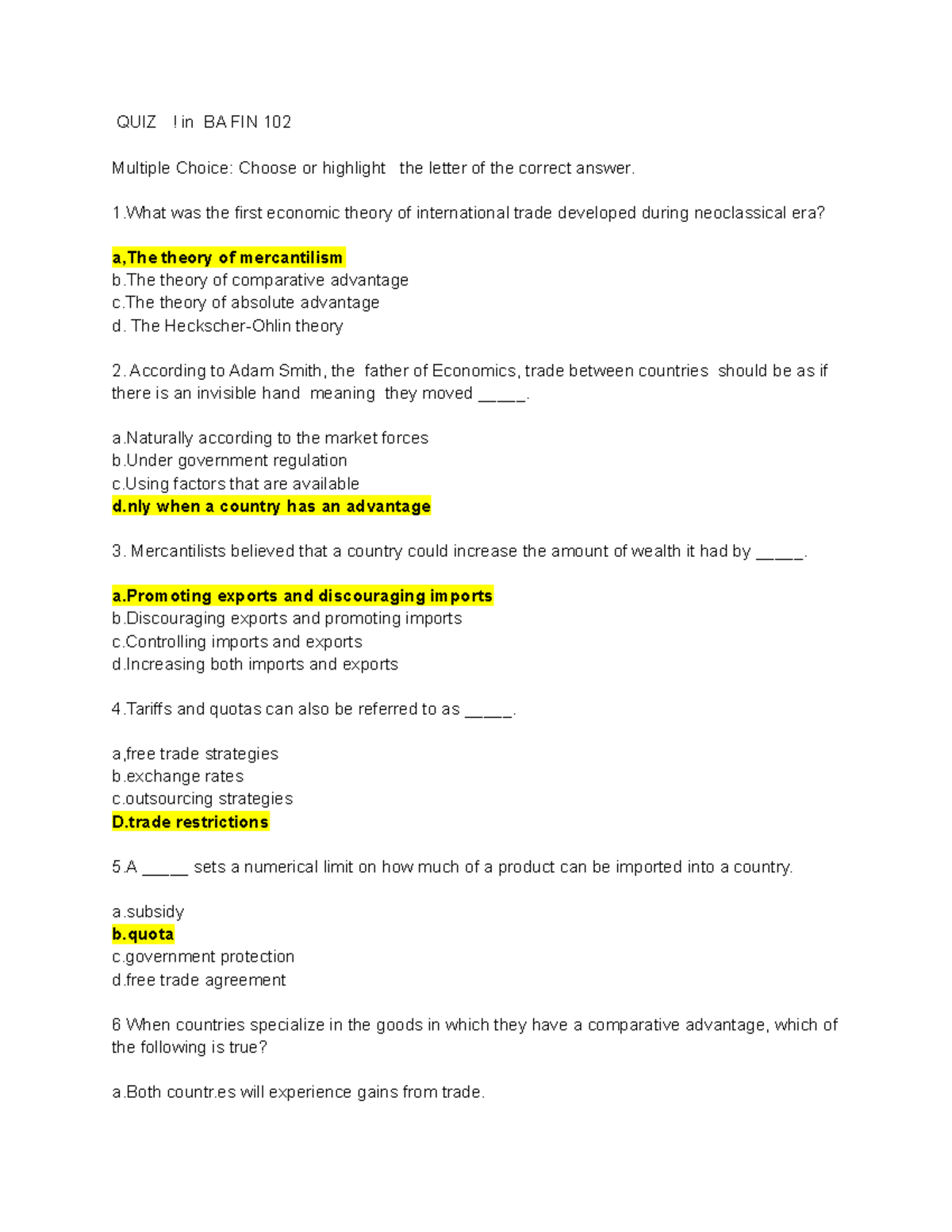 Bafin Sample QUIZ - QUIZ ! in BA FIN 102 Multiple Choice: Choose or ...